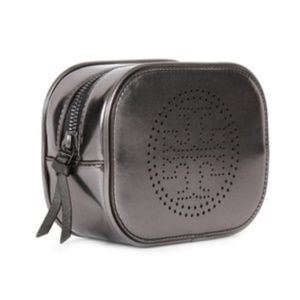 Tory Burch Metallic Pewter Perforated Logo Cosmetic Case